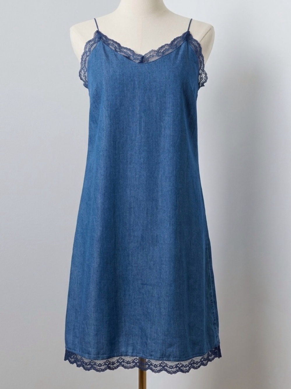 Love Fire Lyocell Cotton Chambray Lace Spaghetti Strap Dress
